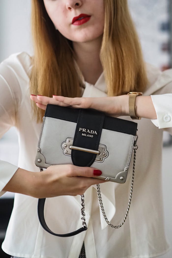 about-us Close-up of a woman showcasing a gray and black Prada Milano handbag indoors.